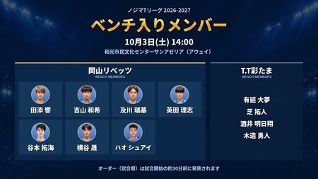 10月3日(土) T.T彩たま戦 ベンチ入りメンバーのお知らせ